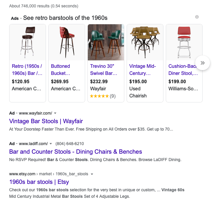 Demonstrating how to choose keywords for SEO, Google search for keywords retro barstools of the 1960s