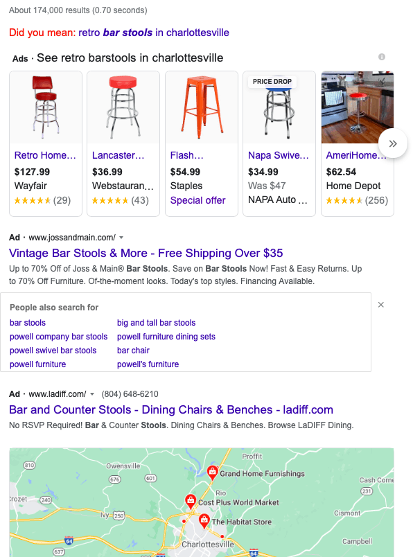 Google search for keywords retro barstools in Charlottesville