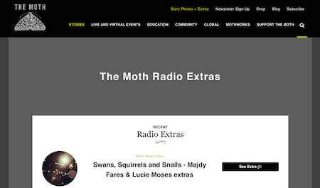 Screenshot of TheMoth.org podcast extras