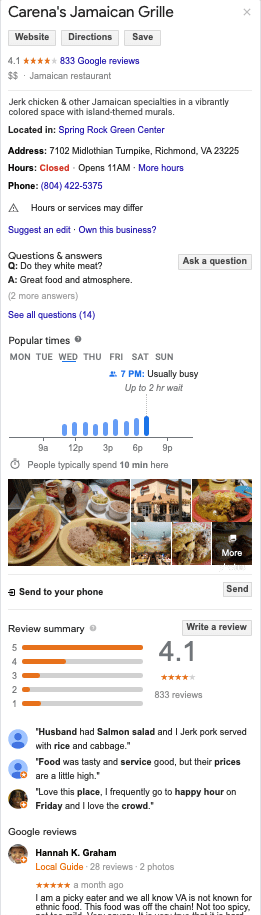 Google My Business listing for Carena's Jamaican Grille