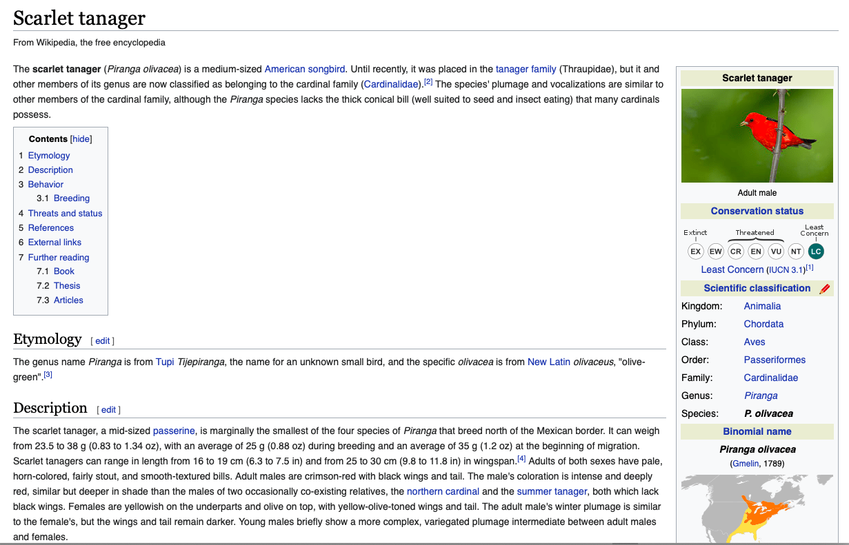 Wikipedia page on scarlet tanager